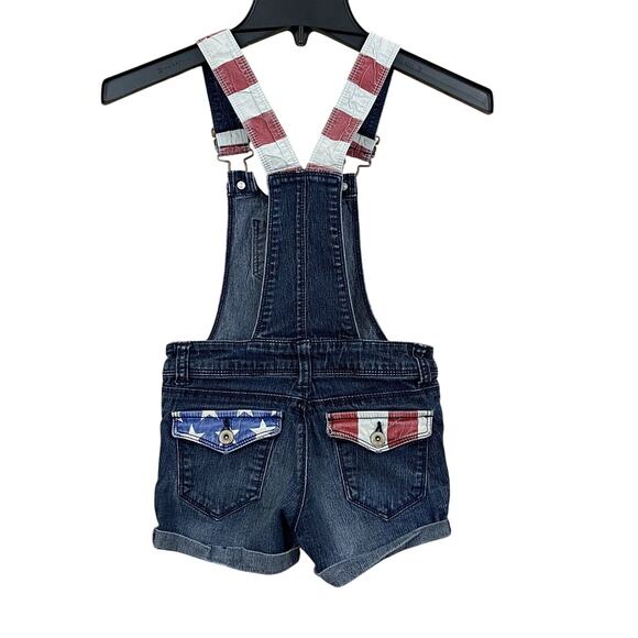 LEI Girls Stars & Stripes Denim Shortalls Overalls XS 4-5 Blue Shorts USA - Picture 4 of 14